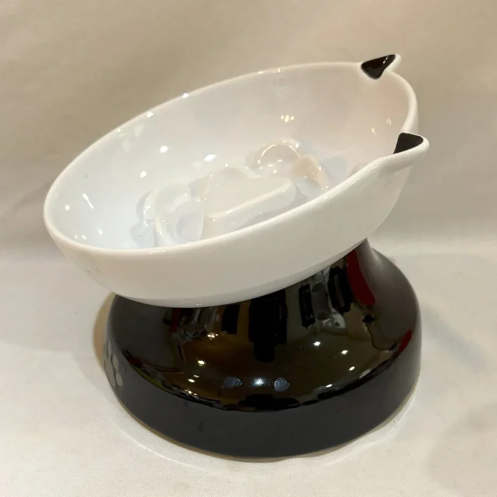 YHY Fine Porcelain Slow Feeder Elevated Tilting Cat Bowl Non-Slip Base